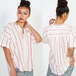 FRANK & EILEEN Linen Rose Woven button up Shirt Pink Red Stripe Women Size Small